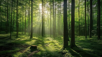 Obraz premium Sunlit Forest Path Mossy Ground Tree Trunks