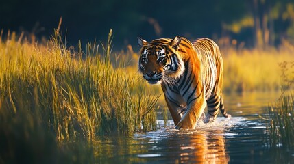 Majestic Bengal Tiger Crossing River at Sunrise in Lush Jungle