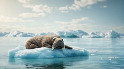 A majestic walin resting peacefully on a floating piece of ice in a tranquil icy landscape showcasing the beauty of nature and wildlife in harmony