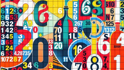 Obraz premium Abstract design background of numbers in different sizes and fonts distributed in different ways over a colorful canvas.
