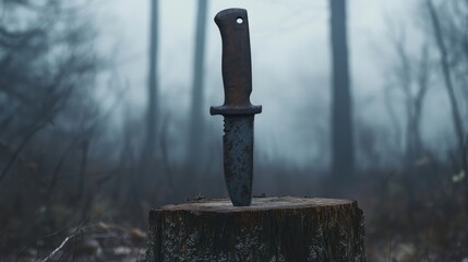 A Rusty Knife Impaled in a Weathered Tree Stump Surrounded by Lush Green Forest Evoking a Sense of Mystery and Adventure in Nature's Embrace