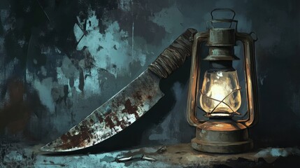 Artful Arrangement of a Sharp Knife and a Vintage Lantern on a Rustic Table Evoking a Sense of Adventure and Warmth in a Cozy Setting
