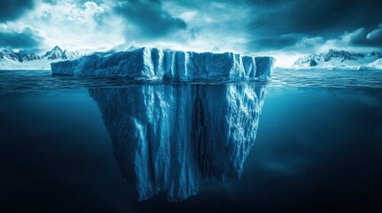 Majestic Iceberg Surrounded by Deep Blue Ocean Under Dramatic Cloudy Sky Evoking Tranquility and Natural Wonder in a Remote Seascape Setting