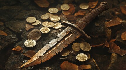 Sharp Knife Balanced on Edge with Abundance of Shiny Coins Piled Up Creating a Unique Contrast of Danger and Wealth in a Simple Composition