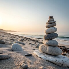 Fototapeta premium Serene Beach Sunset Balanced Stones, Zen Composition, Coastal Photography