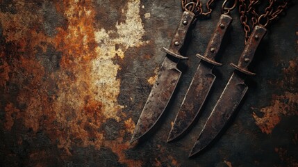 Dramatic Composition of Two Glinting Knives and Rusty Chains Resting on an Aged Surface Evoking a Sense of Danger and Intrigue in a Raw Environment