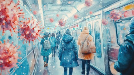 Vivid Painting of Diverse Group of People Walking Along a Train Platform in a Lively Urban Setting Capturing the Energy and Movement of City Life