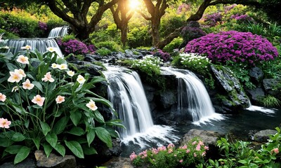 Fototapeta premium Serene Sunrise Over a Zen Garden with a Cascading Waterfall and Rock Pool – Beautiful Landscape for Relaxation