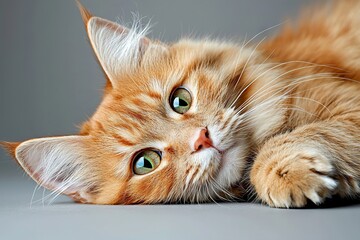 An orange cat laying down on the floor