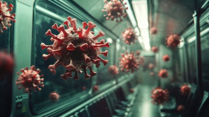 A Bunch of Red Viruses Placed on a Train Surface Creating an Intriguing Visual Contrast Between Microbial Elements and Industrial Setting