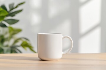 minimalistic stock photo of single white ceramic cup on smooth wooden table