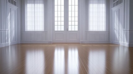 Fototapeta premium Bright and spacious room with large windows casting light onto polished wooden floor in a modern architectural setting