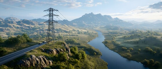 Obraz premium Power lines over scenic river landscape mountainous region nature photography serene environment wide angle natural beauty