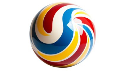 Colorful beach ball with red, blue, yellow, and white segments, summer toy, isolated on white background, PNG format