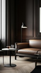 Elegantly designed living room featuring modern furniture and ambient lighting during a cozy evening at home