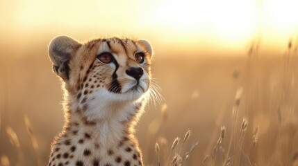 Cheetah gazing into the golden sunset on the African savannah, showcasing its graceful features and wild beauty