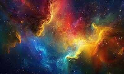 Colorful cosmic nebula with swirling gaseous clouds and sparkling stars in vibrant shades of red, orange, blue, and yellow in vast galaxy backdrop