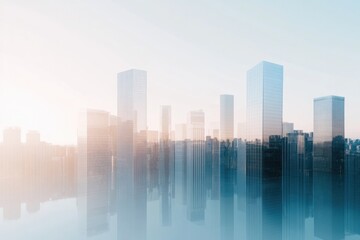 Fototapeta premium minimalistic stock photo of skyline filled with futuristic glass skyscrapers reflecting golden sunlight