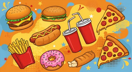 "Fast Food Frenzy: A Playful Burst of Bold Flavors and Colors"
