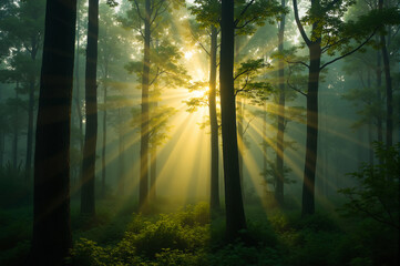 Obraz premium A breathtaking misty forest scene with warm rays of sunlight shining through the trees.