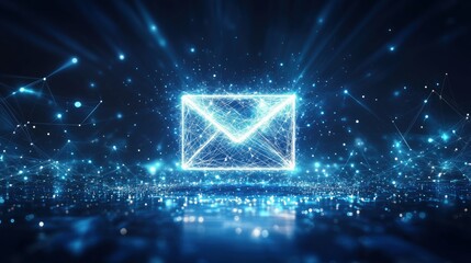 A glowing blue email icon surrounded by digital particles and light effects.