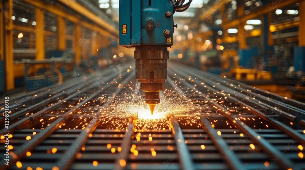 Poster A laser cutting machine operates in a bustling manufacturing facility, igniting sparks as it processes metal sheets. The setting reflects modern automation and precision engineering.
