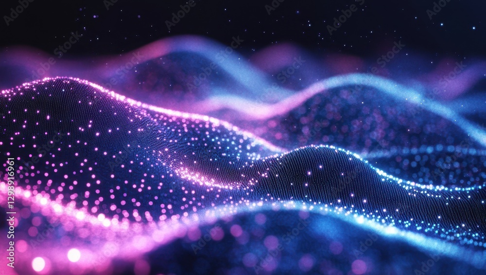 Poster colorful digital wave pattern with glowing particles creating an abstract background suitable for te