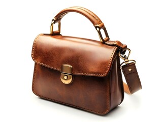 Stylish Brown Leather Handbag with Gold Accents on White Background
