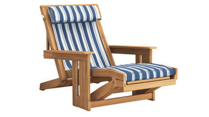 Classic wooden beach chair with blue and white stripes, folded and ready for the shore, isolated on white background, PNG format