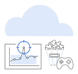 Cloud icon with a data chart, targeting crosshair, popcorn, and game controller. Ideal for cloud storage, data analytics, streaming, gaming, entertainment technology abstract line flat metaphor
