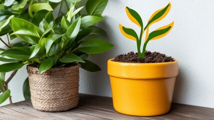 Obraz premium Bright Indoor Plant with Yellow Pot and Green Leaves on Wooden Table