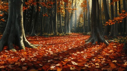 Fototapeta premium Autumn Forest Path Covered in Red and Orange Leaves