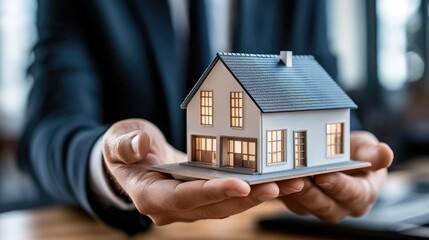 Miniature house model held by a person in a suit, symbolizing real estate investment and home buying decisions