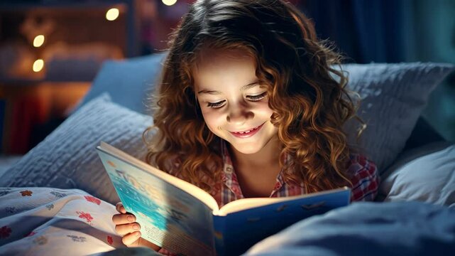 Cute child reading a book in bed, creating a cozy atmosphere for evening reading. Child bedtime rituals, reading to children.
