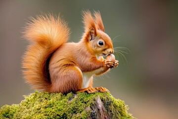 Obraz premium A squirrel sitting on a mossy tree stump, holding a nut between its tiny paws