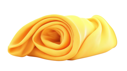 Bright yellow beach towel with soft texture, rolled and neatly placed, isolated on white background, PNG format 