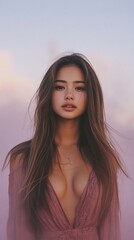 Young woman long straight hair lavender mist