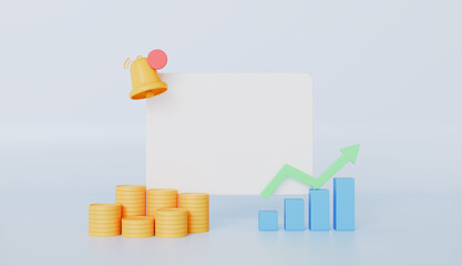 Empty reminder pop up, notification bell icon with graph and coins