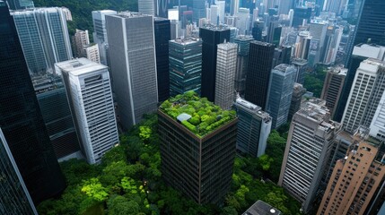 Obraz premium Amidst the bustling city skyline, towering urban skyscrapers encircle a vibrant green rooftop oasis in the bright midday sunlight