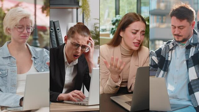 Collage of frustrated Caucasian people men women diverse gender different ages using laptop typing browsing working, loses becoming surprised by sudden lottery results, play game, fortune loss, fail.