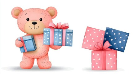 Cute Cartoon Bear Holding Gift Boxes with Colorful Wrapping Paper