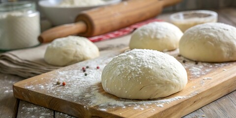 Fototapeta premium Fresh pizza dough balls on wooden board. Baking, cooking, food preparation concept.