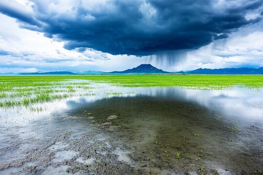 A storm rolling in over a vast lake, with dark clouds reflecting on the water&acirc;&euro;&trade;s surface