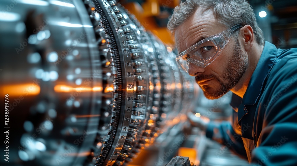 Leinwandbilder a focused engineer examines intricate machinery in a modern manufacturing facility. the worker ensur