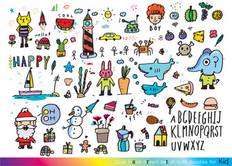 Collection of cute doodle handwritten decorative design elements, hand drawn in trendy doodle style - animals, plants, symbols. Colorful vector illustration