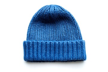 Blue Knitted Beanie Hat on White Background