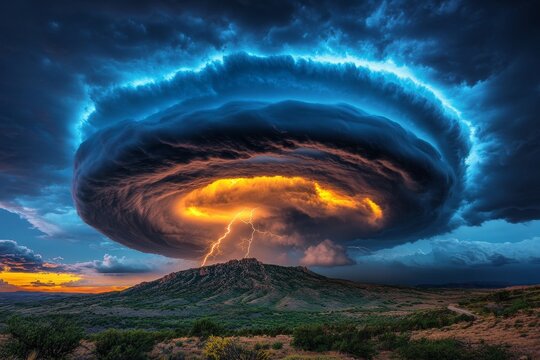 A storm rolling over a mountain peak, with dramatic clouds and lightning
