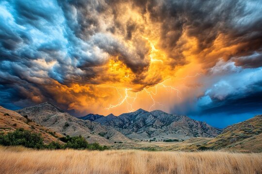 A storm rolling over a mountain peak, with dramatic clouds and lightning