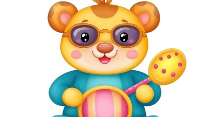 Cute Cartoon Bear Character with Glasses and Colorful Toy Rattle