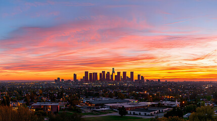 Fototapeta premium Panoramic City Skyline Silhouette Against a Fiery Sunset Sky with Orange and Pink Clouds